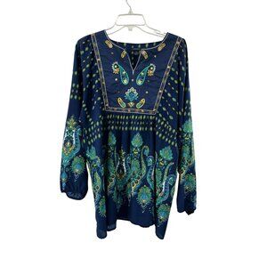 Westbound Womens XL Boho Embroidered V-Neck Pullover Blouse  Navy/Green Sequins